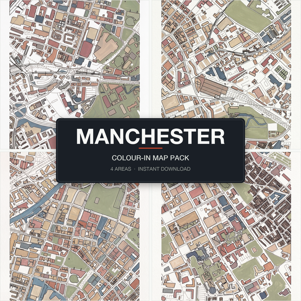 Manchester Colour-In Map Pack, 4 Real Manchester Areas, Deansgate Piccadilly Town Hall Oxford Road, Instant Digital Download A4 A3