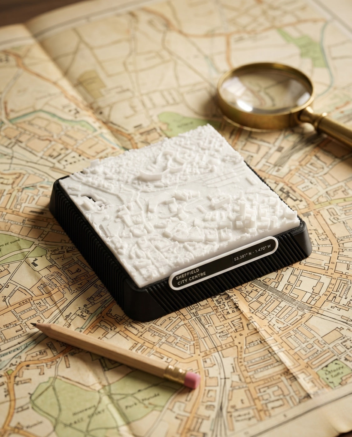 A finished Cityform plate with a magnifying glass.