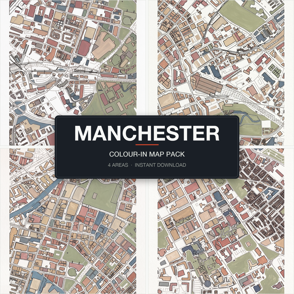 Manchester Colour-In Map Pack — 4 real Manchester areas, Deansgate, Piccadilly, Town Hall, Oxford Road, shown together
