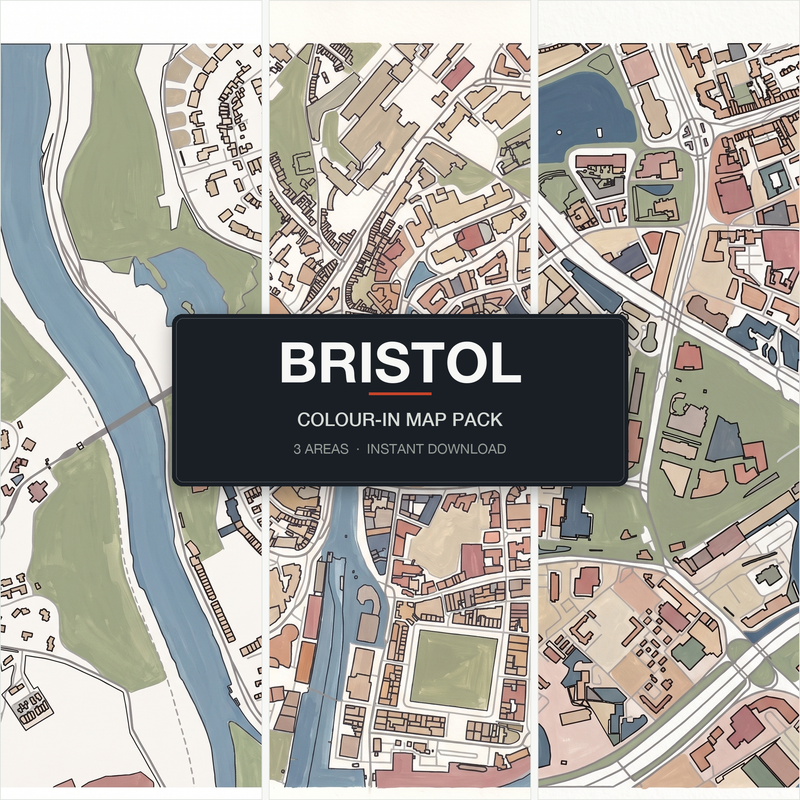 Bristol Colour-In Map Pack, 3 Real Bristol Areas, Clifton Village Harbourside Redcliffe, Instant Digital Download A4 A3 miniature city model