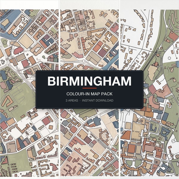 Birmingham Colour-In Map Pack, 3 Real Birmingham Areas, Victoria Square Centenary Square Edgbaston, Instant Digital Download A4 A3