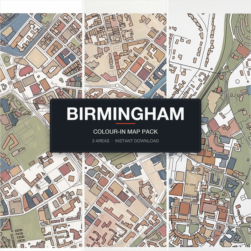 Birmingham Colour-In Map Pack, 3 Real Birmingham Areas, Victoria Square Centenary Square Edgbaston, Instant Digital Download A4 A3 miniature city model