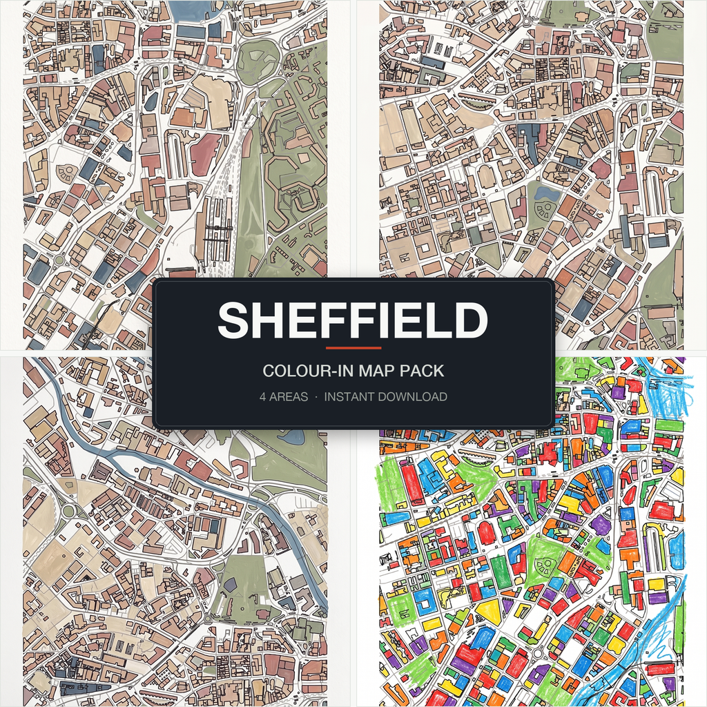 Sheffield Colour-In Map Pack — 4 real Sheffield areas, City Centre, Kelham Island, Ecclesall Road, Crookes, shown together