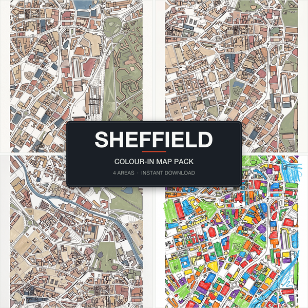 Sheffield Colour-In Map Pack, 4 Real Sheffield Areas, City Centre Kelham Island Ecclesall Road Crookes, Instant Digital Download A4 A3