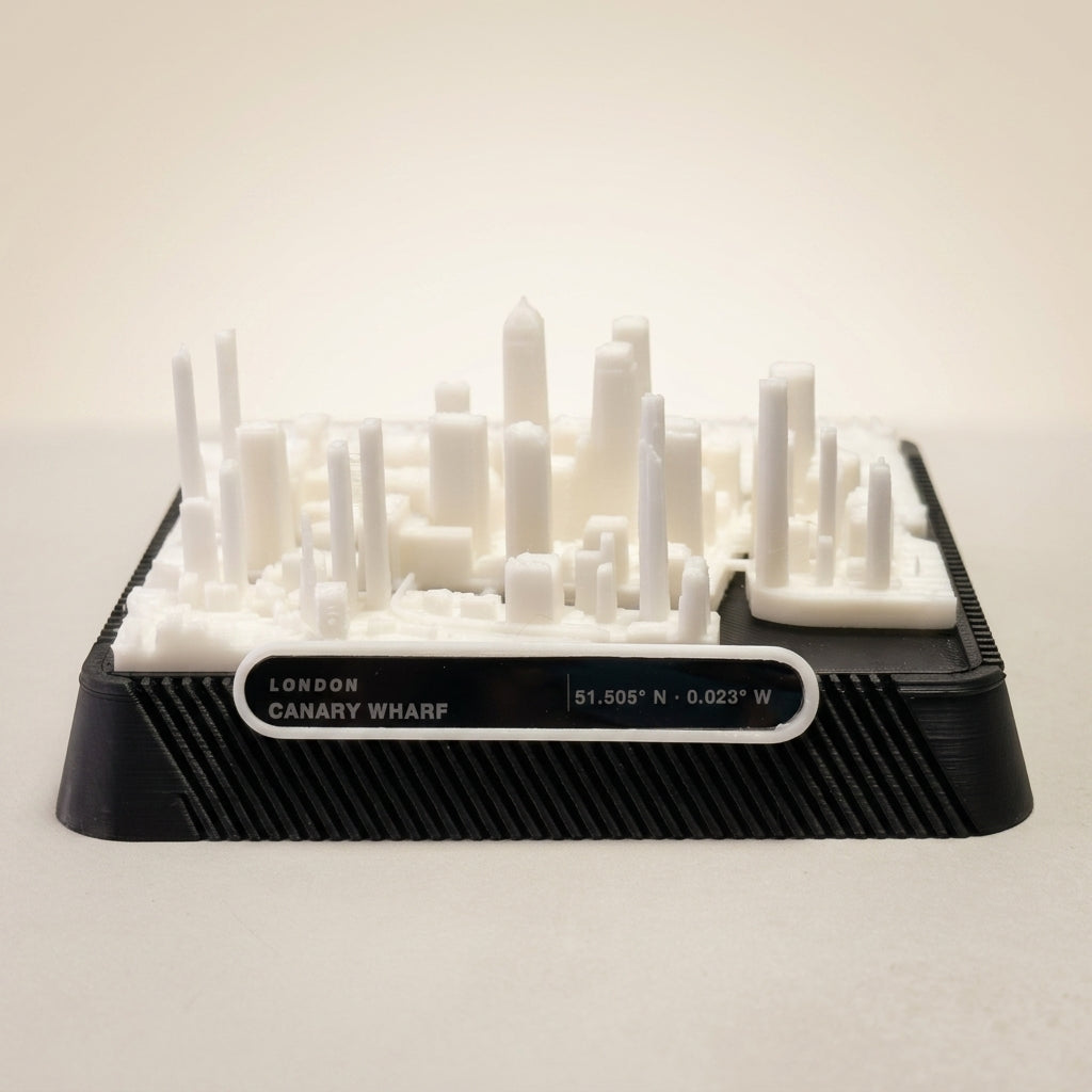London Canary Wharf 3D printed city map · 9×9cm relief model · 51.505° N · 0.018° W