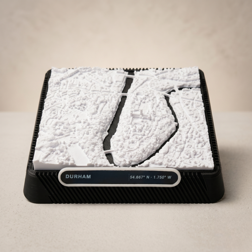 Durham 3D printed city map, top-down, River Wear meander and cathedral peninsula, 9 × 9 cm