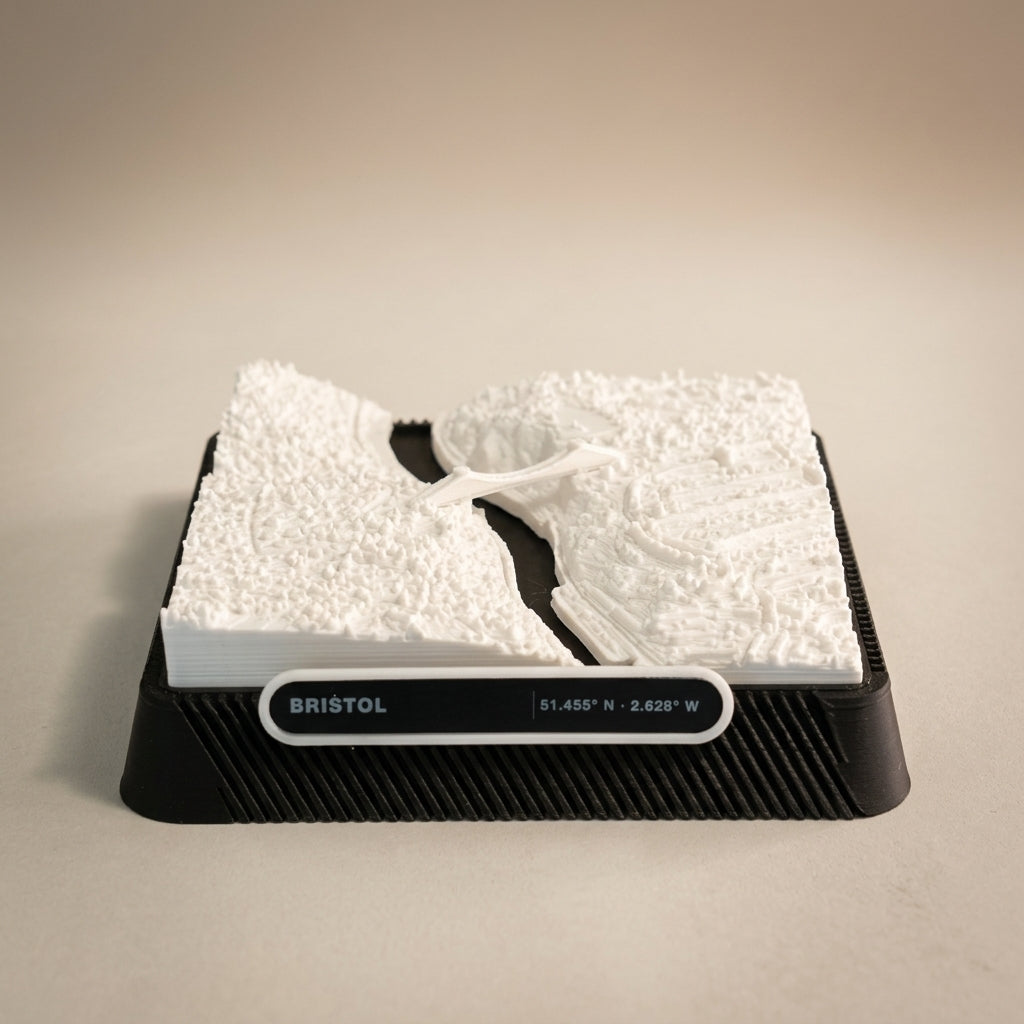 Bristol Clifton 3D printed city map · 9×9cm relief model · 51.455° N · 2.628° W