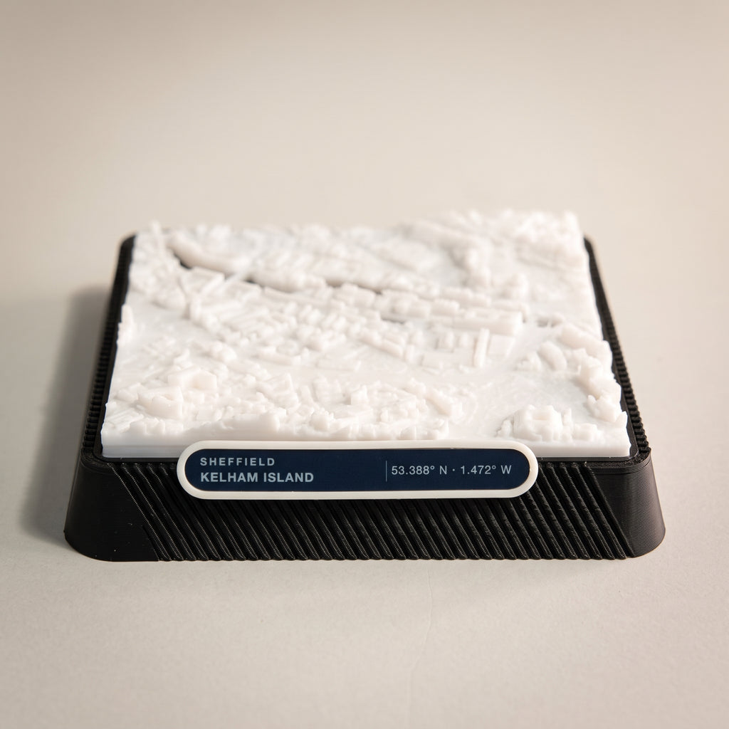 Sheffield Kelham Island 3D printed city map · 9×9cm relief model · 53.388° N · 1.472° W