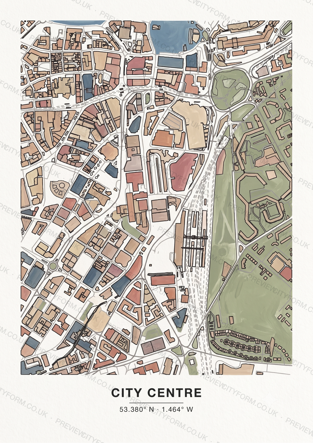 City Centre colour-in map — the real streets and building outlines of City Centre, Sheffield, ready to colour