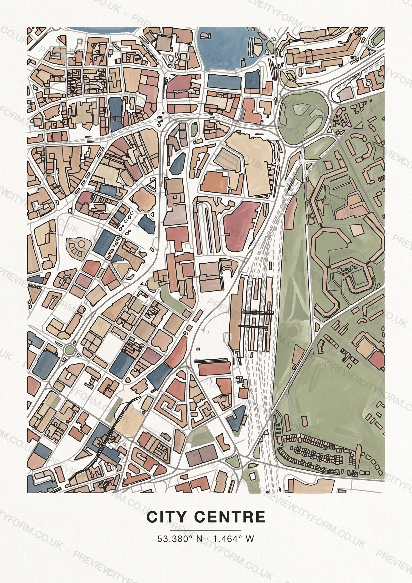 City Centre colour-in map — the real streets and building outlines of City Centre, Sheffield, ready to colour