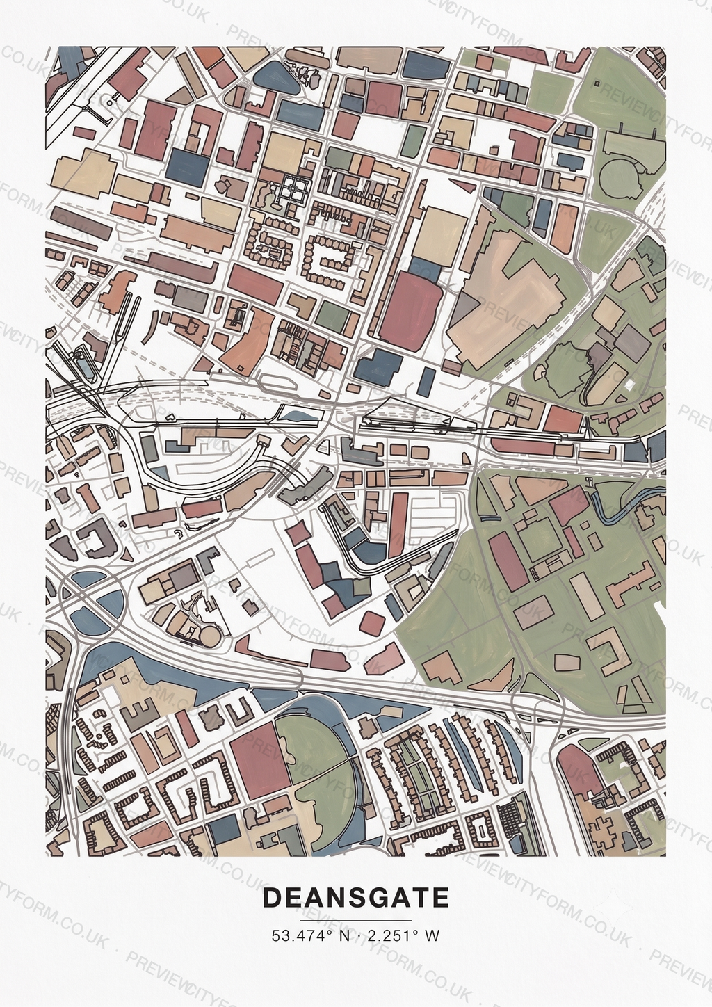 Deansgate colour-in map — the real streets and building outlines of Deansgate, Manchester, ready to colour