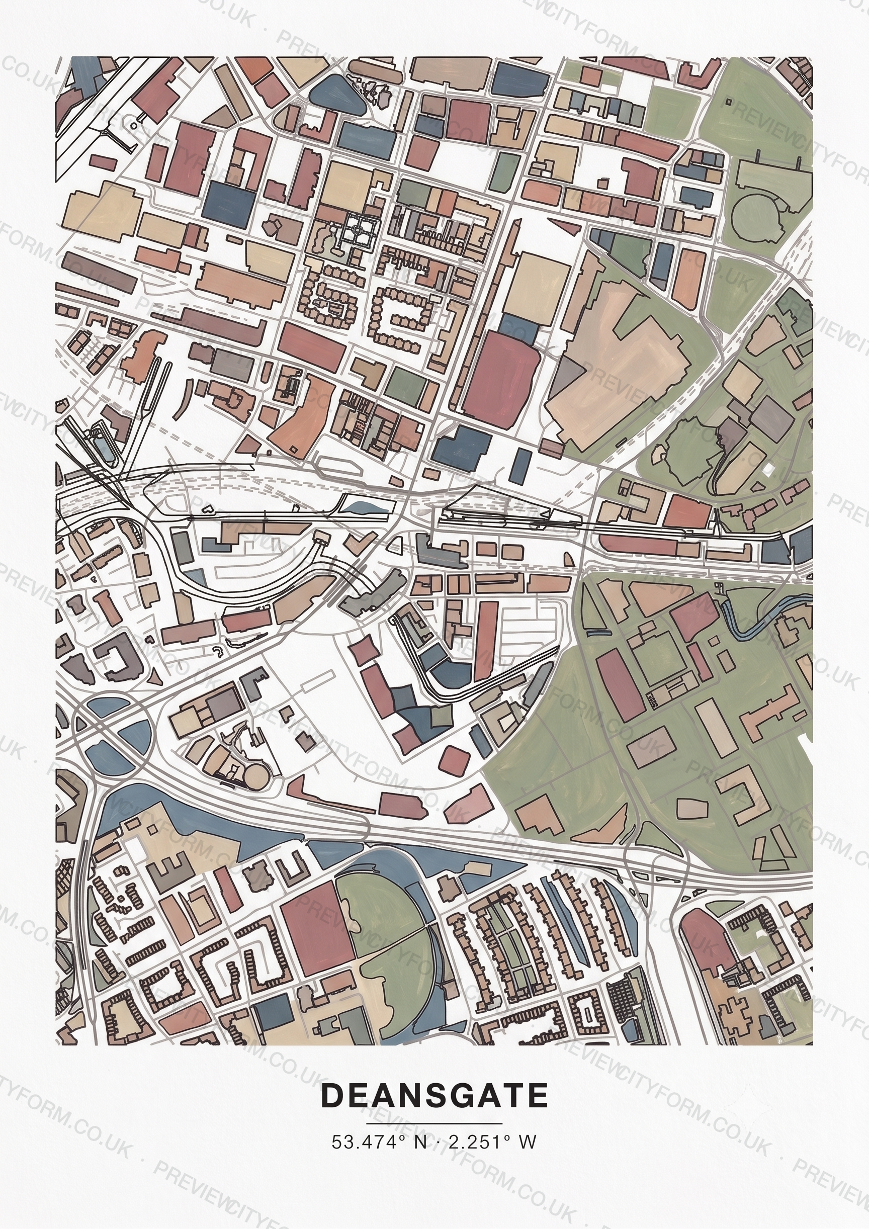 Deansgate colour-in map — the real streets and building outlines of Deansgate, Manchester, ready to colour