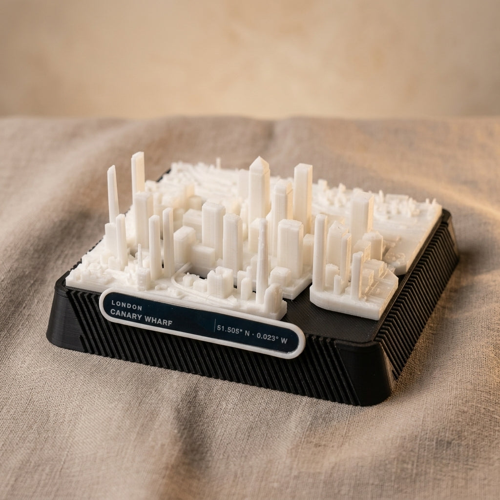 London Canary Wharf 3D printed city map · 9×9cm relief model · 51.505° N · 0.018° W