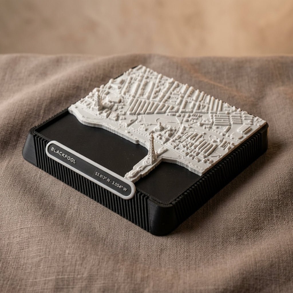 Blackpool Promenade 3D printed city map · 9×9cm relief model · 53.813° N · 3.054° W