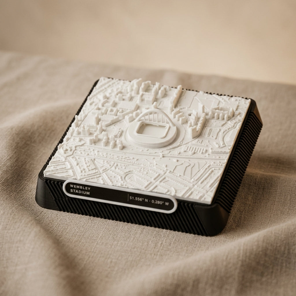 London Wembley 3D printed city map · 9×9cm relief model · 51.556° N · 0.280° W