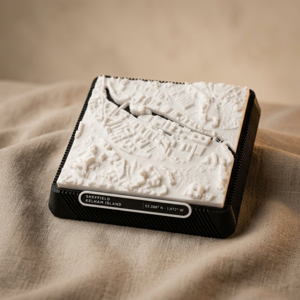 Sheffield Kelham Island 3D printed city map · 9×9cm relief model · 53.388° N · 1.472° W