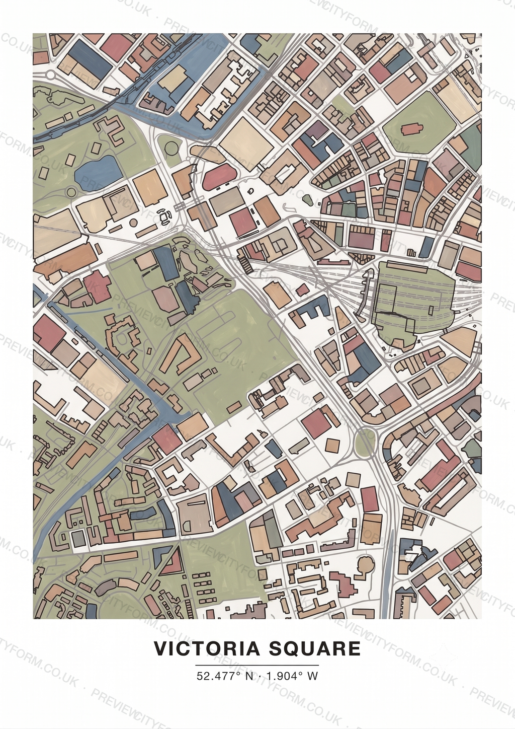 Victoria Square colour-in map — the real streets and building outlines of Victoria Square, Birmingham, ready to colour
