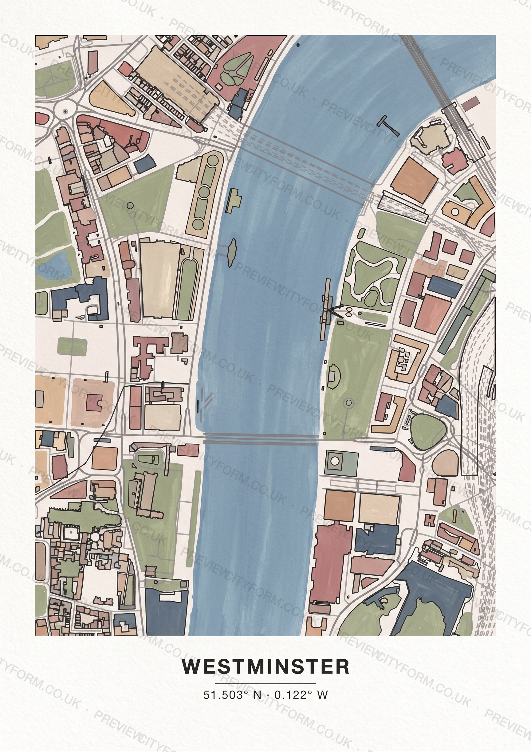 A finished, coloured-in Westminster map — the real streets and building outlines around Big Ben and the Thames, filled by hand