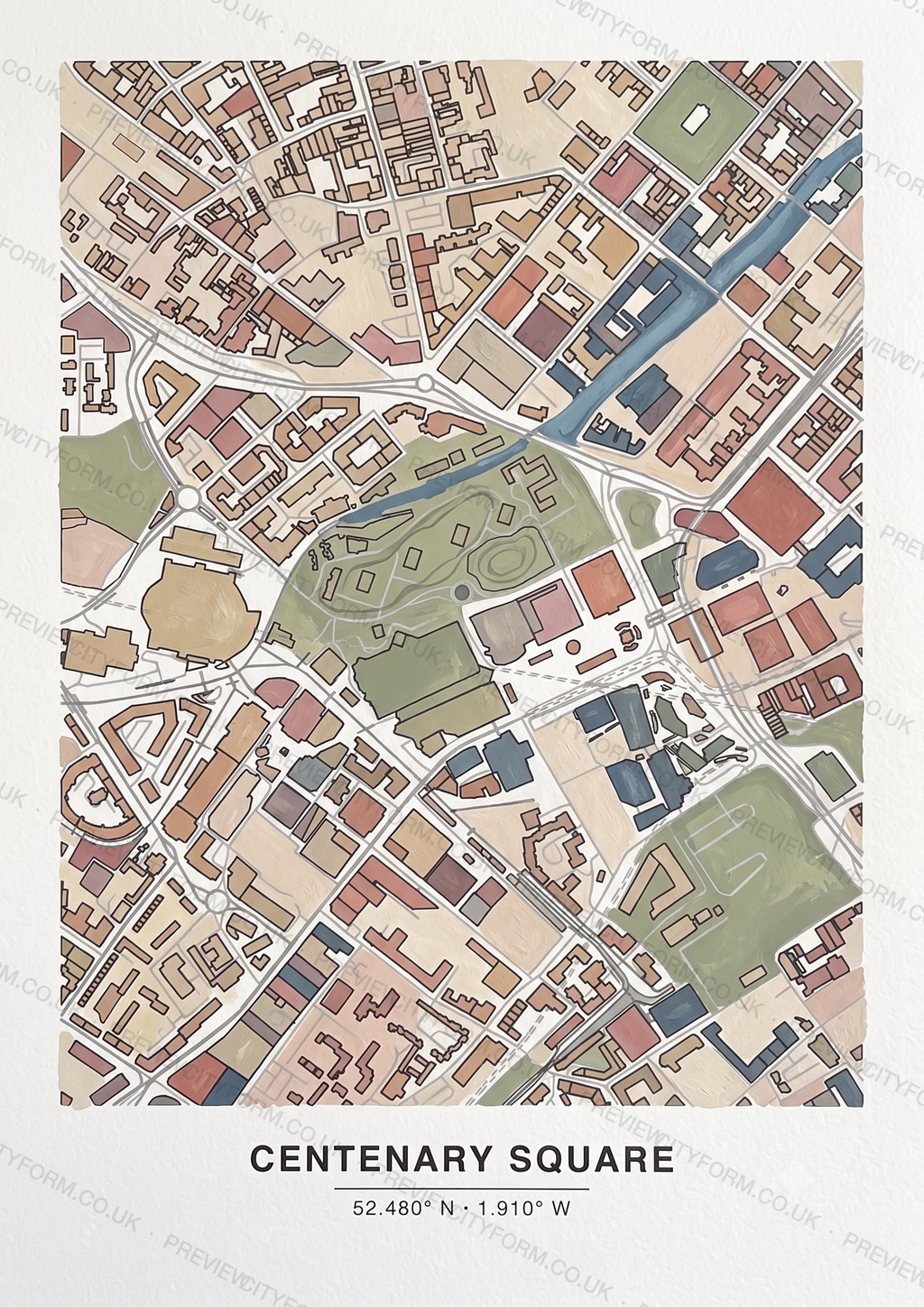 Centenary Square colour-in map — the real streets and building outlines of Centenary Square, Birmingham, ready to colour