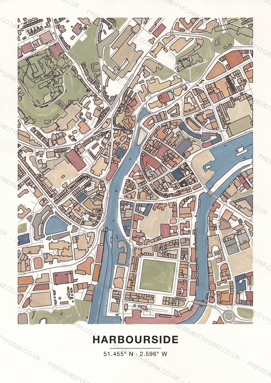 Harbourside colour-in map — the real streets and building outlines of Harbourside, Bristol, ready to colour