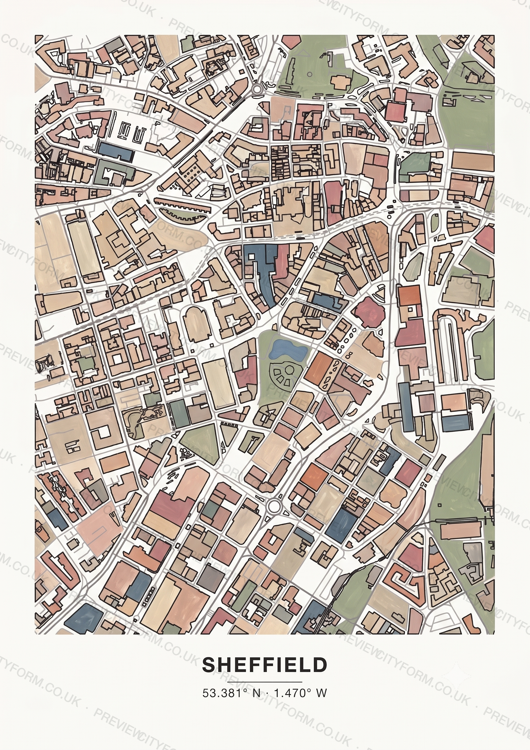 Kelham Island colour-in map — the real streets and building outlines of Kelham Island, Sheffield, ready to colour