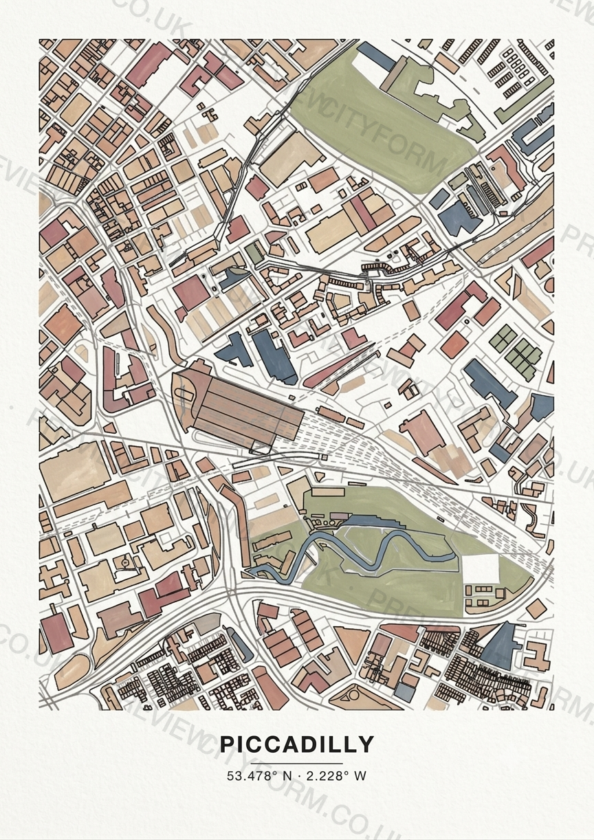 Piccadilly colour-in map — the real streets and building outlines of Piccadilly, Manchester, ready to colour