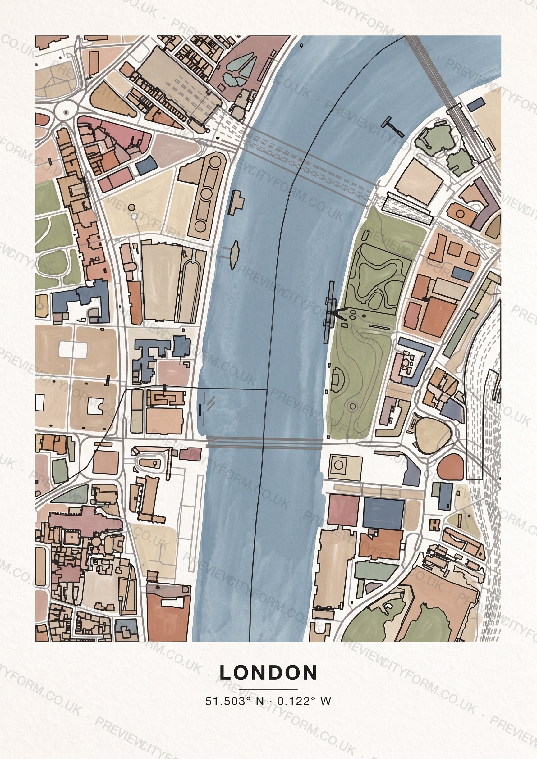 A finished, coloured-in St Paul's map — the real streets and building outlines around St Paul's Cathedral and the City of London, filled by hand