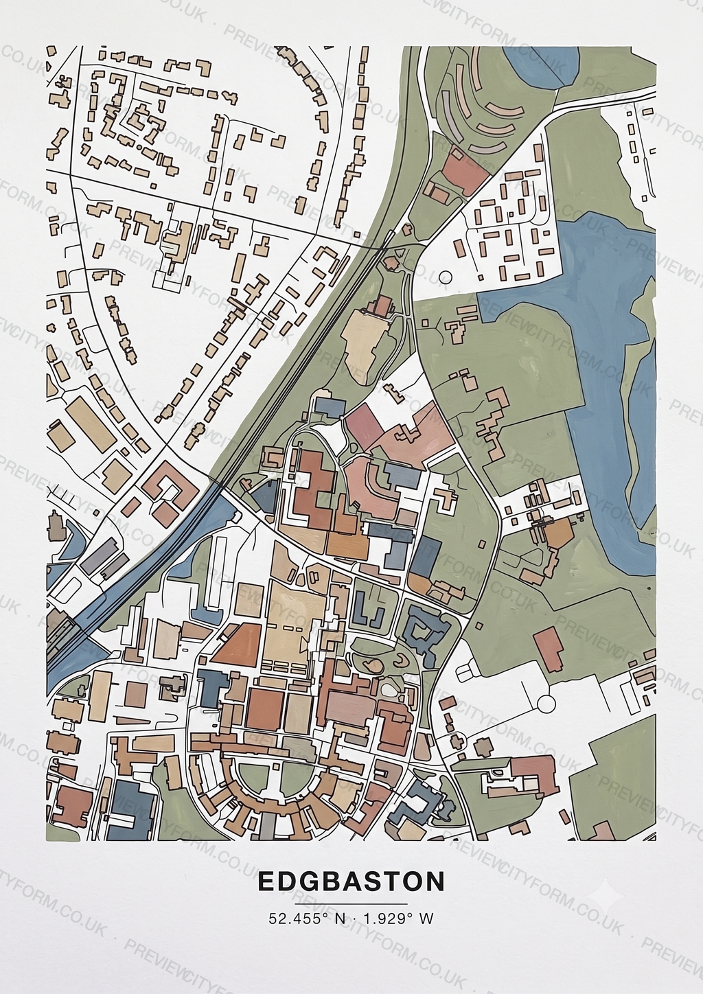 Edgbaston colour-in map — the real streets and building outlines of Edgbaston, Birmingham, ready to colour