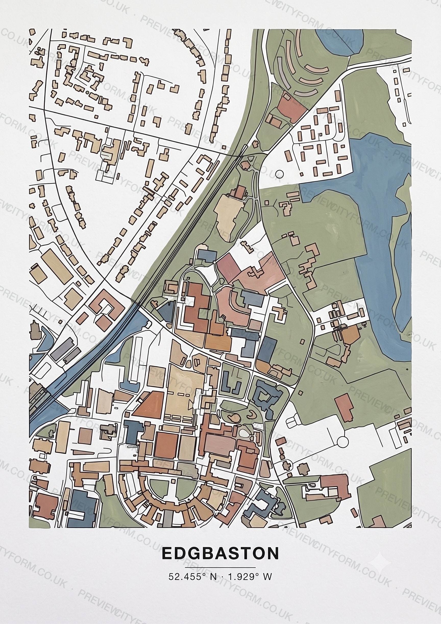 Edgbaston colour-in map — the real streets and building outlines of Edgbaston, Birmingham, ready to colour