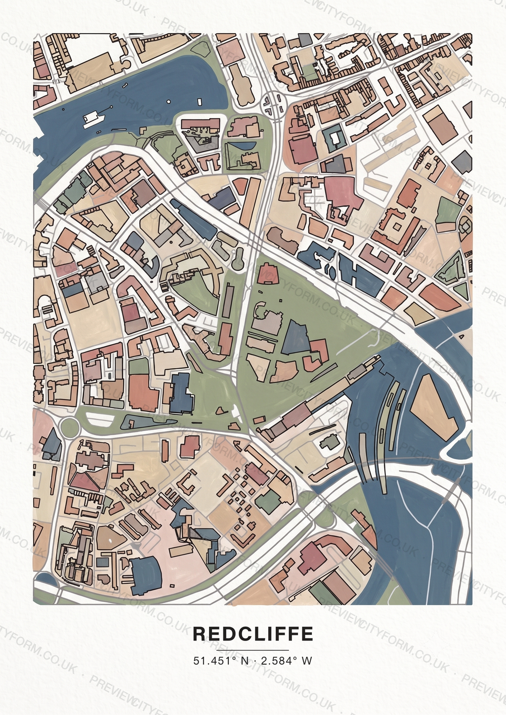 Redcliffe colour-in map — the real streets and building outlines of Redcliffe, Bristol, ready to colour