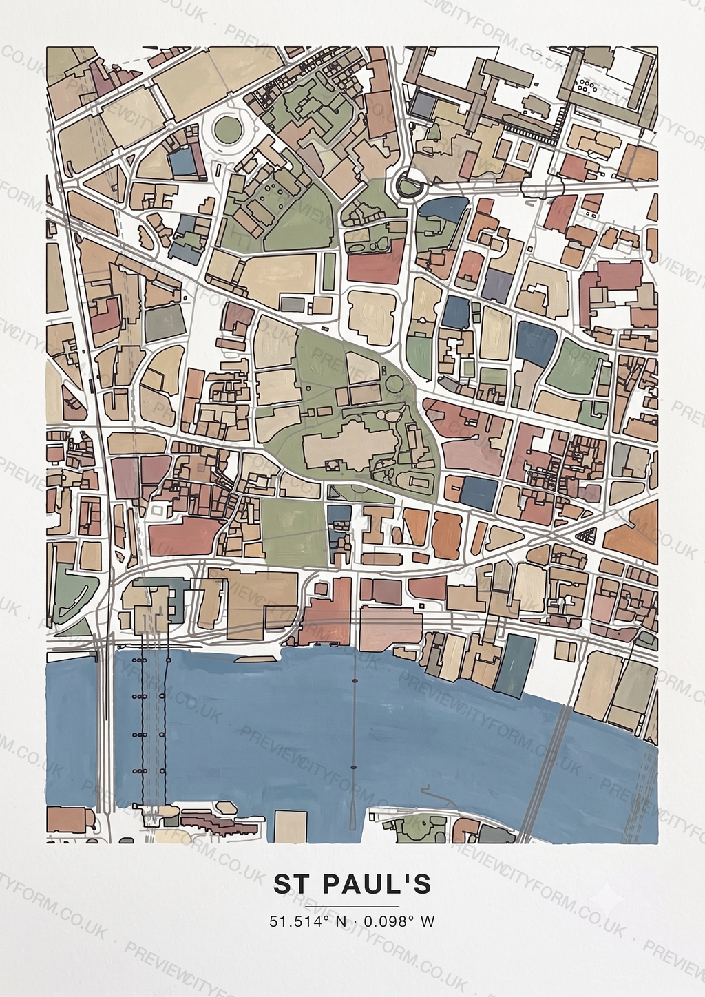 A finished, coloured-in Tower Bridge map — the real streets and building outlines around the Tower of London and Tower Bridge, filled by hand