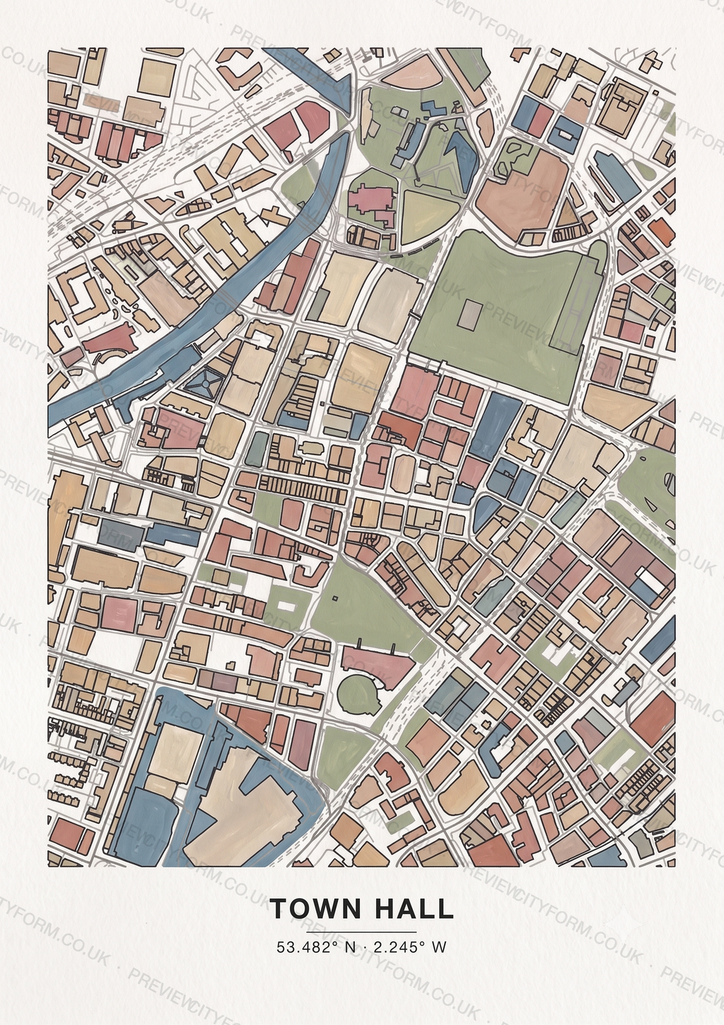 Town Hall colour-in map — the real streets and building outlines of Town Hall, Manchester, ready to colour