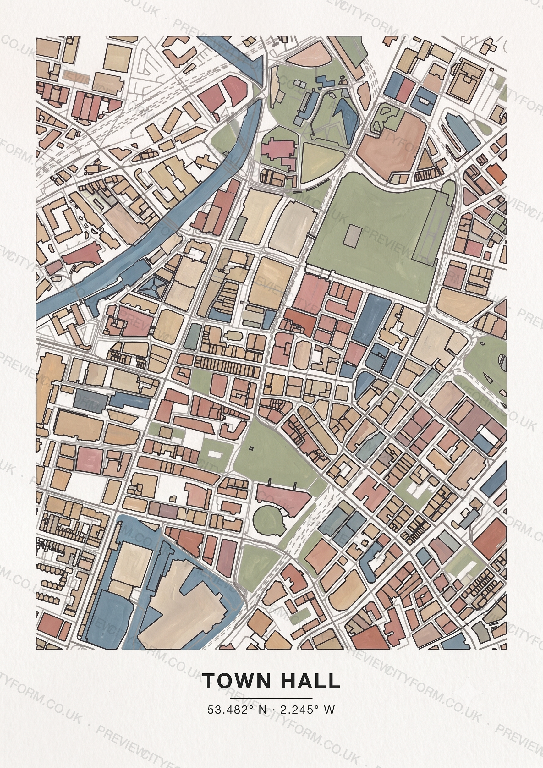 Town Hall colour-in map — the real streets and building outlines of Town Hall, Manchester, ready to colour