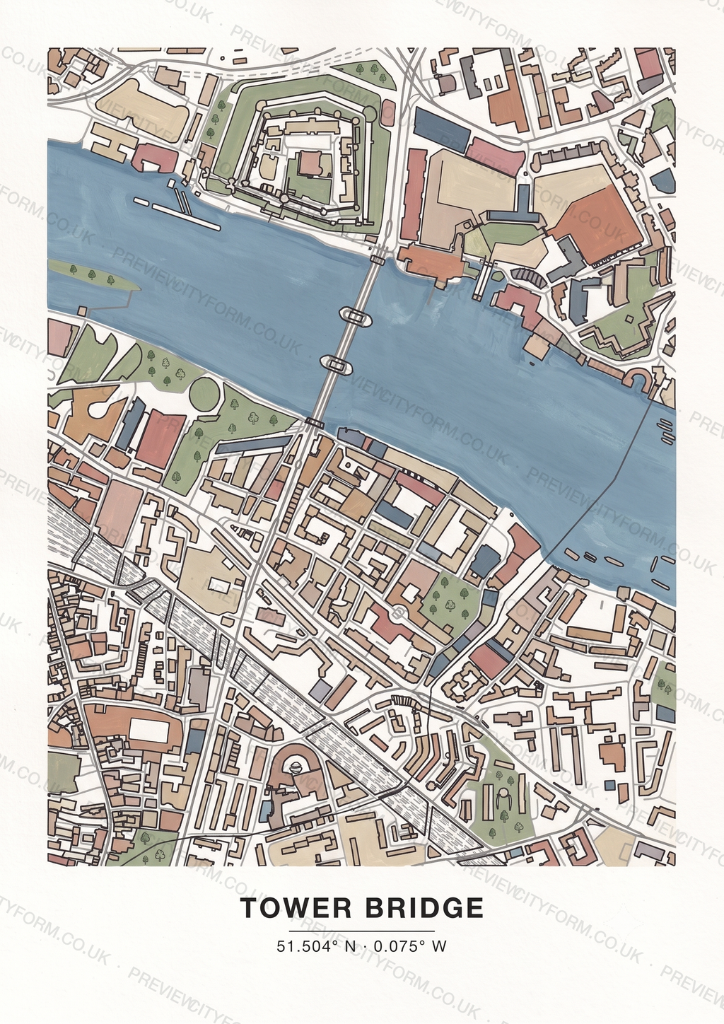 A finished, coloured-in Canary Wharf map — the real streets, docks and tower outlines of London's Docklands, filled by hand