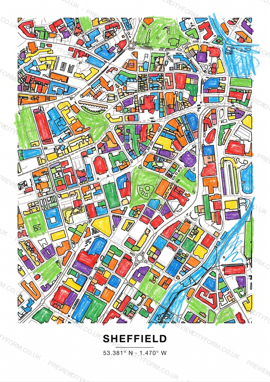 Crookes colour-in map — the real streets and building outlines of Crookes, Sheffield, ready to colour