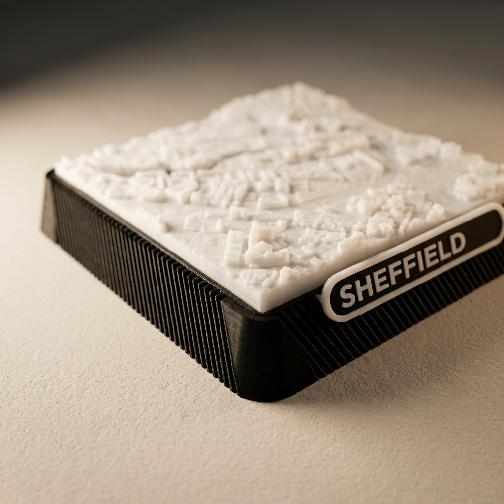 Sheffield Kelham Island 3D printed city map · 9×9cm relief model · 53.388° N · 1.472° W