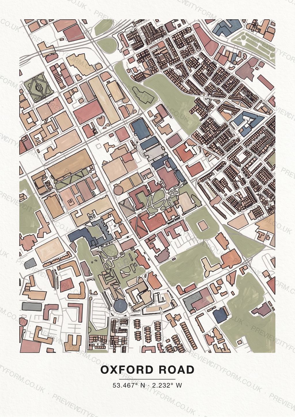 Oxford Road colour-in map — the real streets and building outlines of Oxford Road, Manchester, ready to colour