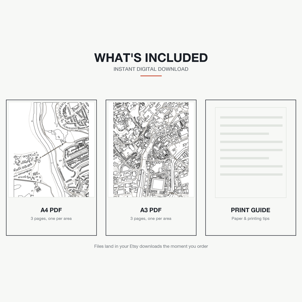 What's included — an A4 PDF and an A3 PDF, 3 areas of Bristol each, plus a print guide, instant download