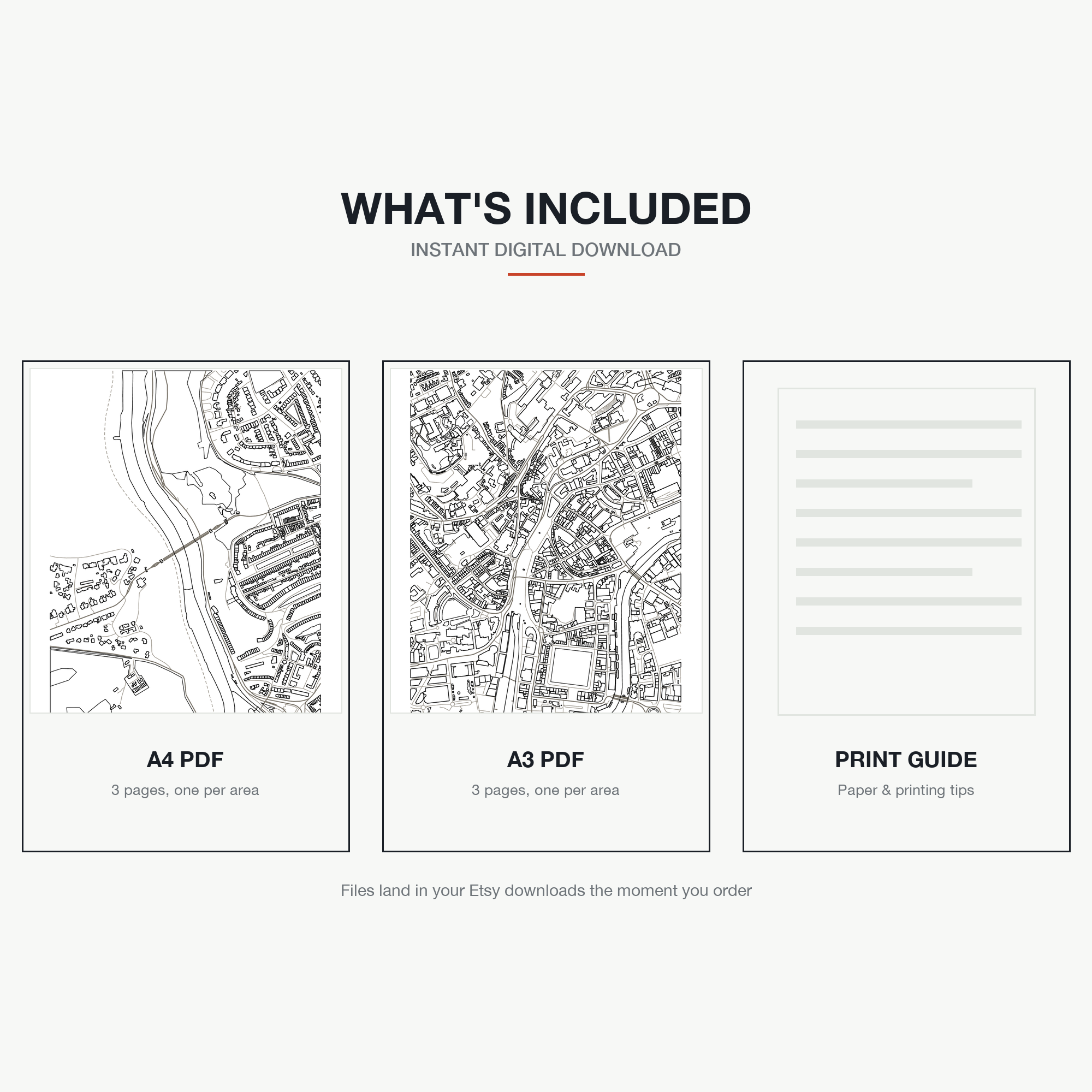 What's included — an A4 PDF and an A3 PDF, 3 areas of Bristol each, plus a print guide, instant download