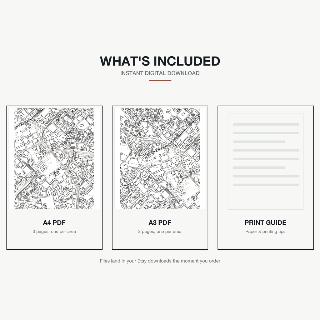 What's included — an A4 PDF and an A3 PDF, 3 areas of Birmingham each, plus a print guide, instant download