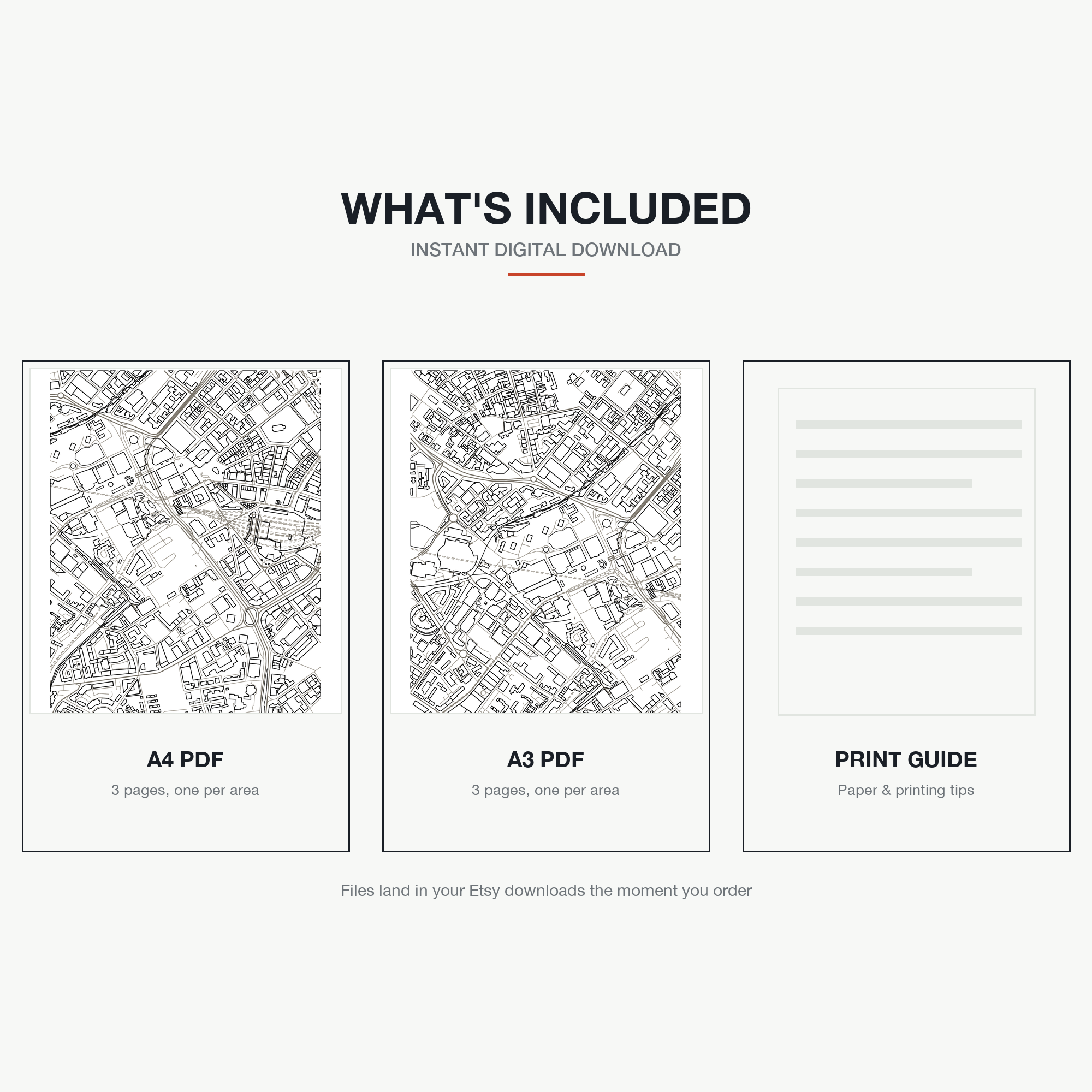 What's included — an A4 PDF and an A3 PDF, 3 areas of Birmingham each, plus a print guide, instant download