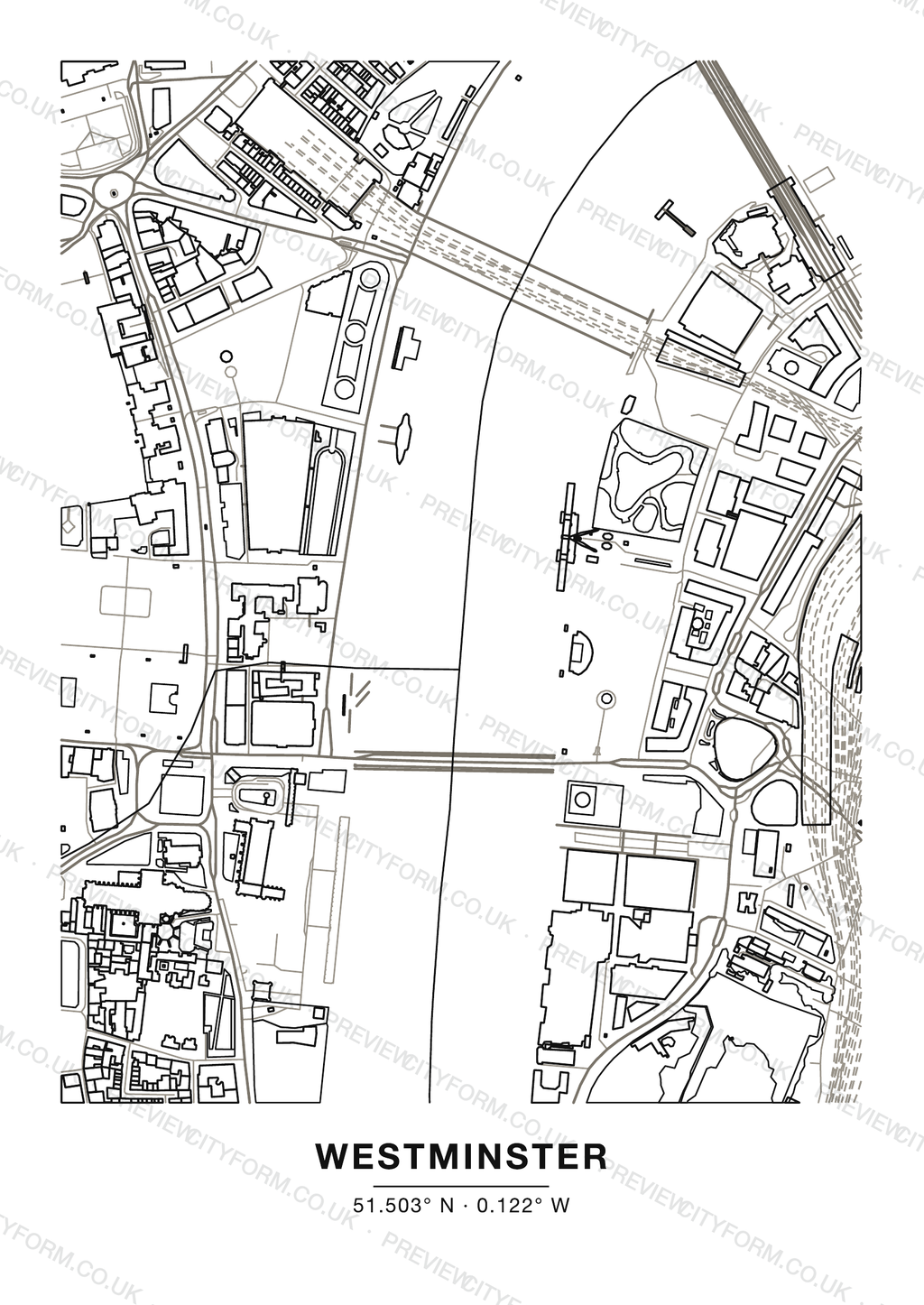 A blank page from the London colour-in map pack — clean black outlines of real streets and buildings, ready to colour
