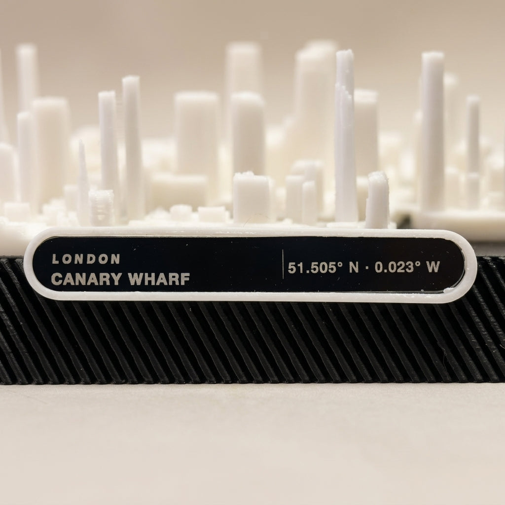 London Canary Wharf 3D printed city map · 9×9cm relief model · 51.505° N · 0.018° W
