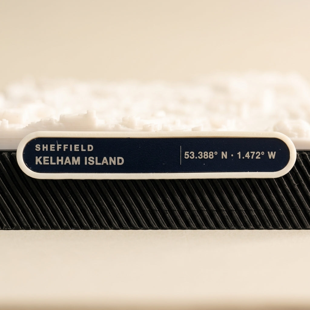 Sheffield Kelham Island 3D printed city map · 9×9cm relief model · 53.388° N · 1.472° W