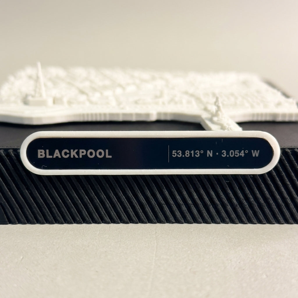 Blackpool Promenade 3D printed city map · 9×9cm relief model · 53.813° N · 3.054° W