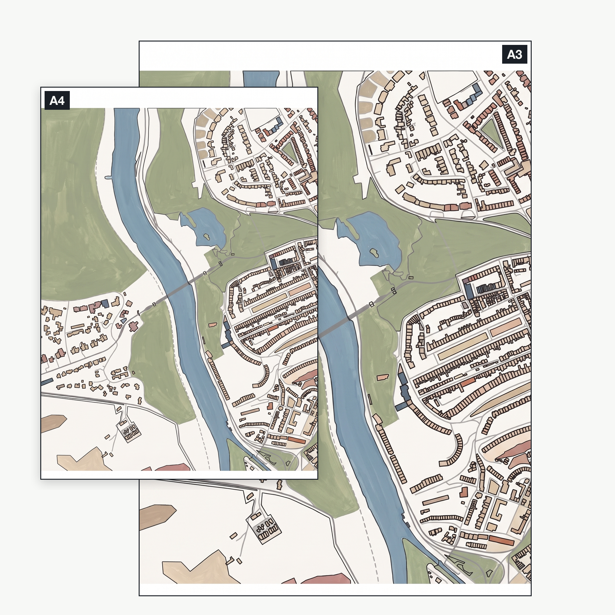 The Bristol colour-in map pack shown at A4 and A3 — the same 3 real areas, printable at either size