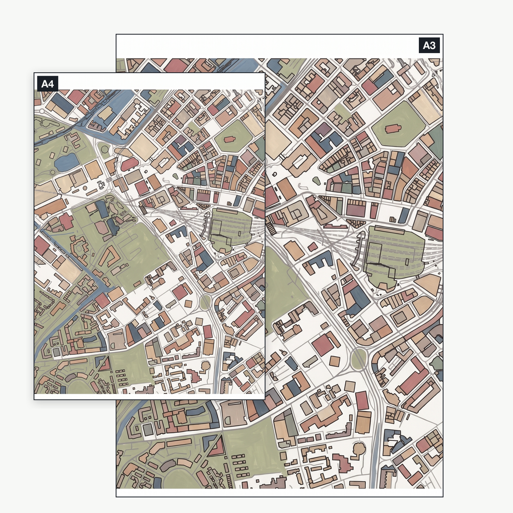 The Birmingham colour-in map pack shown at A4 and A3 — the same 3 real areas, printable at either size