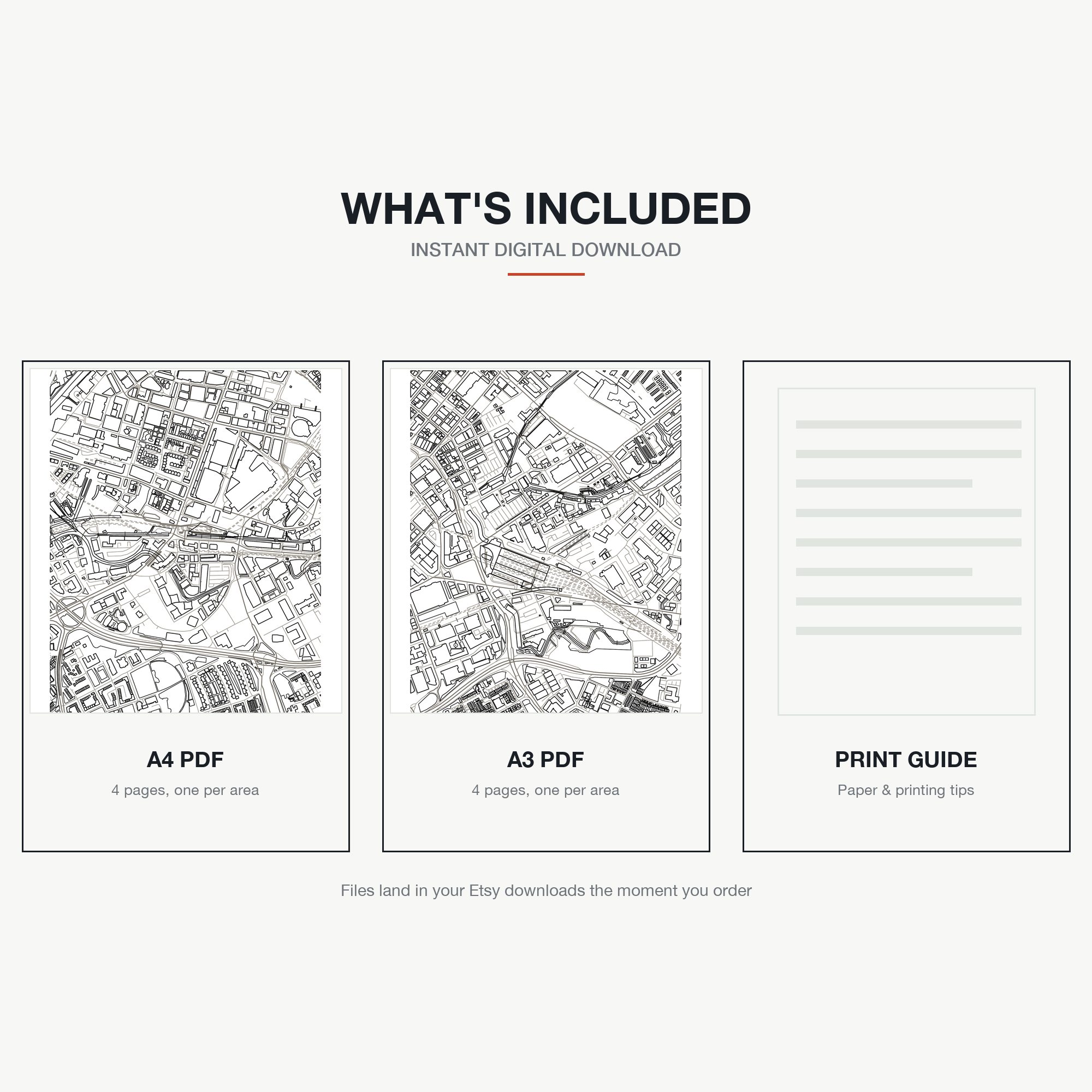 What's included — an A4 PDF and an A3 PDF, 4 areas of Manchester each, plus a print guide, instant download