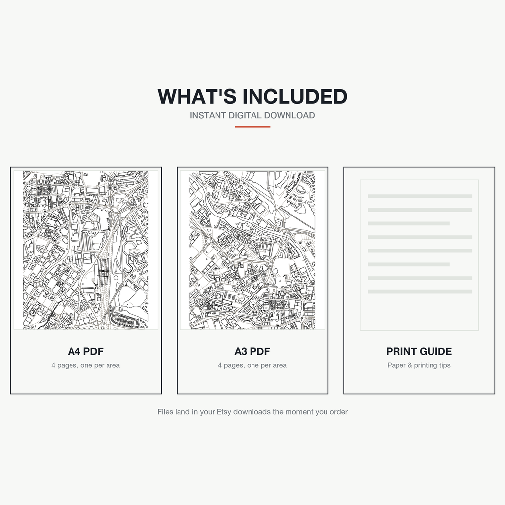 What's included — an A4 PDF and an A3 PDF, 4 areas of Sheffield each, plus a print guide, instant download