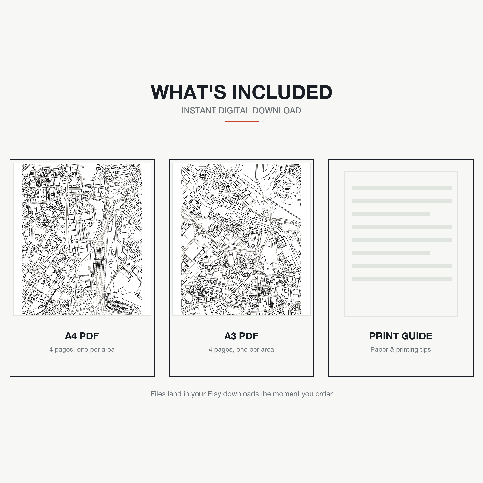 What's included — an A4 PDF and an A3 PDF, 4 areas of Sheffield each, plus a print guide, instant download
